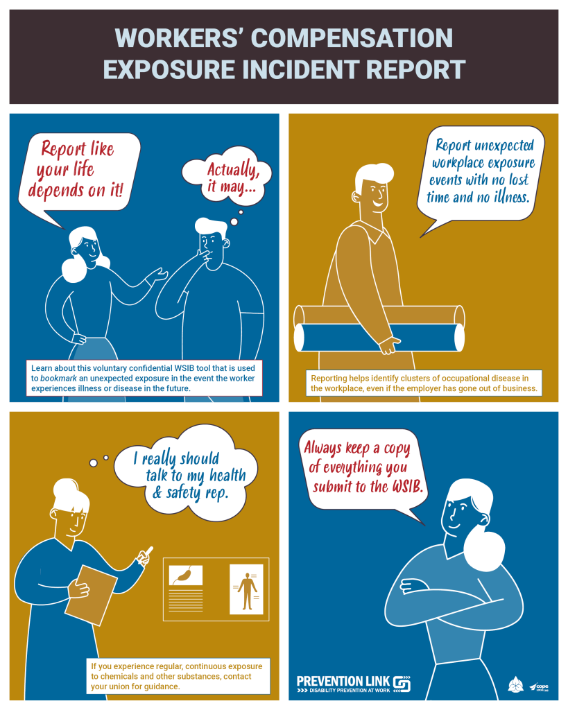 Illustration emphasizing the importance of reporting workplace exposure incidents promptly to prevent future illness or disease.